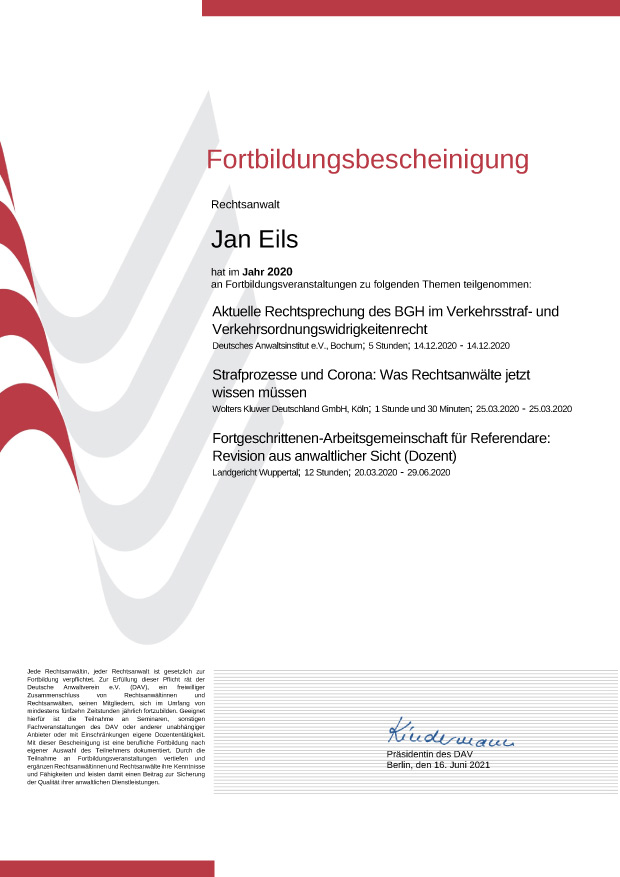 Fortbildungsbescheinigung Eils 2020